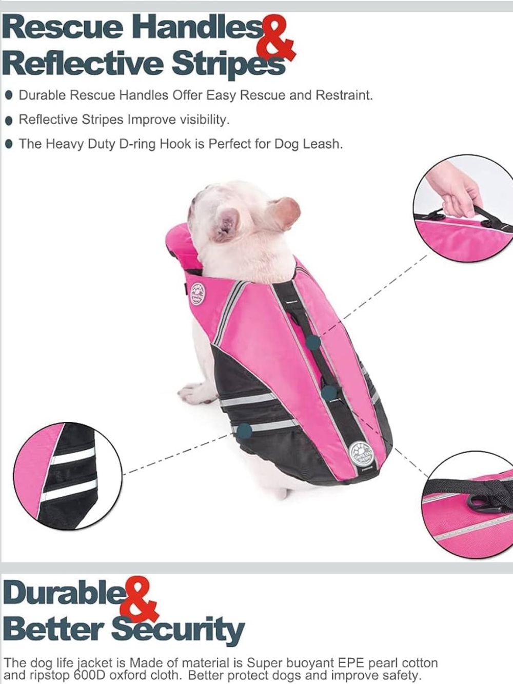 Sierra Dog Supply Large Dog Reflective Pink Dog Life Jacket with Rescue Handle